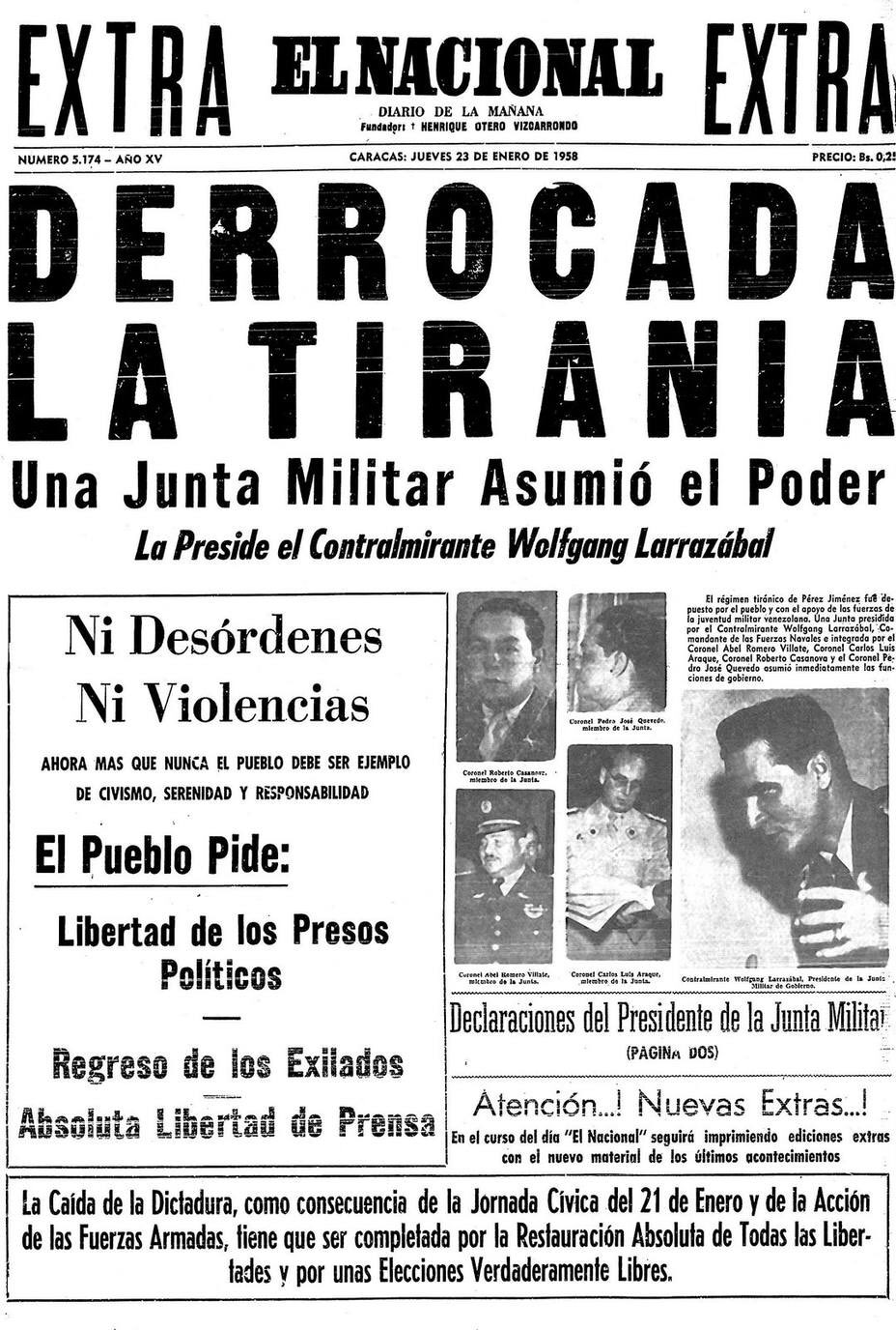 Portada de El Nacional de el Jueves 23 de Enero de 1958 anunciando la caída de Pérez Jiménez. 