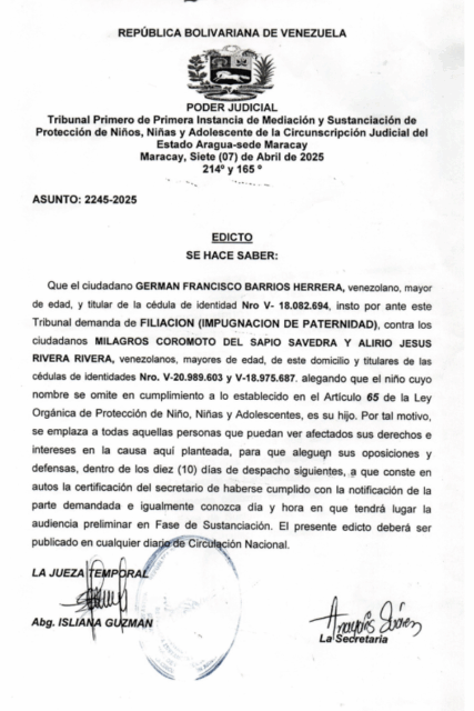 Edicto Filiación (Impugnación de Paternidad) Germán Francisco Barrios Herrera