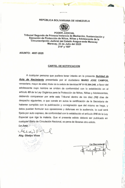 Cartel de Notificación Nulidad de Acta de Nacimiento Mario José Campos