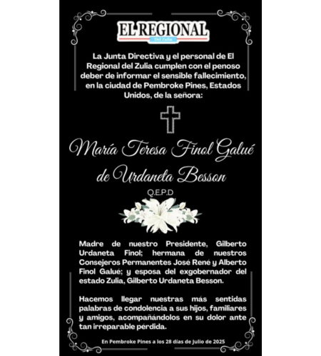 Obituario María Teresa Finol Galué De Urdaneta Besson