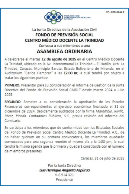 Convocatoria Asamblea Ordinaria Fondo de Previsión Social Centro Médico Docente La Trinidad