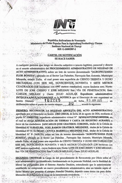 Cartel de Notificación Procedimiento Administrativo de Nulidad de Acto Administrativo Agropecuaria Flor Bonita