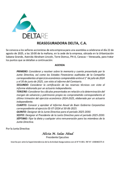 Convocatoria Asamblea de Accionistas Reaseguradora Delta, C.A.