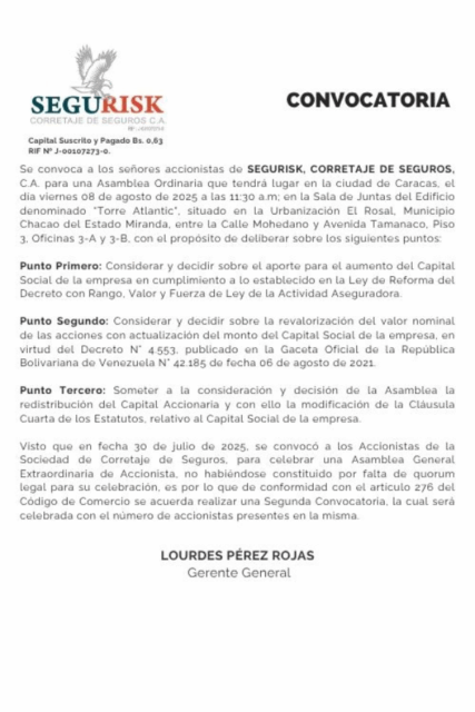 Convocatoria Asamblea Ordinaria Segurisk, Corretaje de Seguros, C.A.