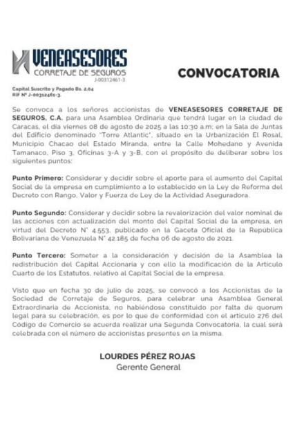 Convocatoria Asamblea Ordinaria Veneasesores Corretaje de Seguros, C.A.