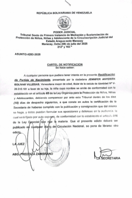 Cartel de Notificación Rectificación de Partida de Nacimiento Jennifer Anyerith Bolívar Villegas