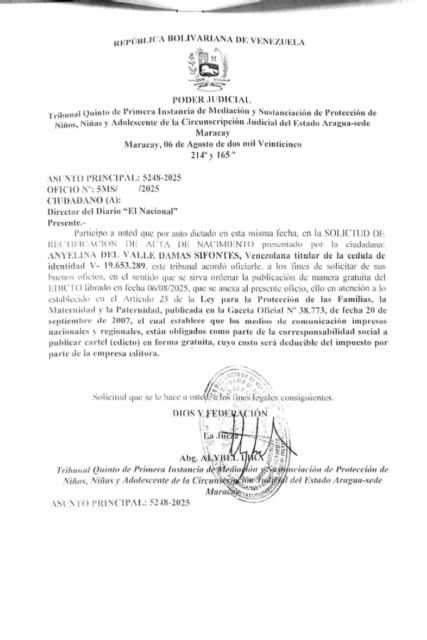Edicto Solicitud de Rectificación de Acta de Nacimiento Anyelina Del Valle Damas Sifontes