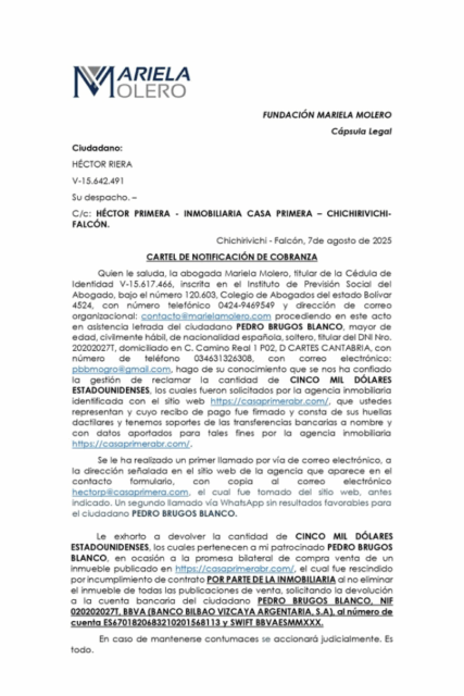 Cartel de Notificación de Cobranza Fundación Mariela Molero