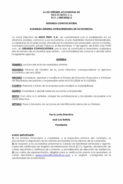 Convocatoria Asamblea General Extraordinaria de Accionistas Multifruit, C.A.