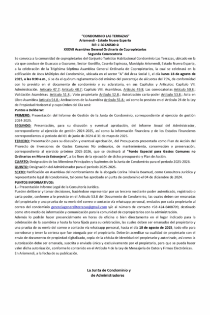 Convocatoria XXXVII Asamblea General Ordinaria de Copropietarios Condominio Las Terrazas