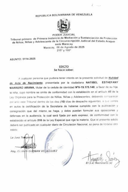 Edicto Nulidad de Acta de Nacimiento Natibel Esthefany Marrero Arana