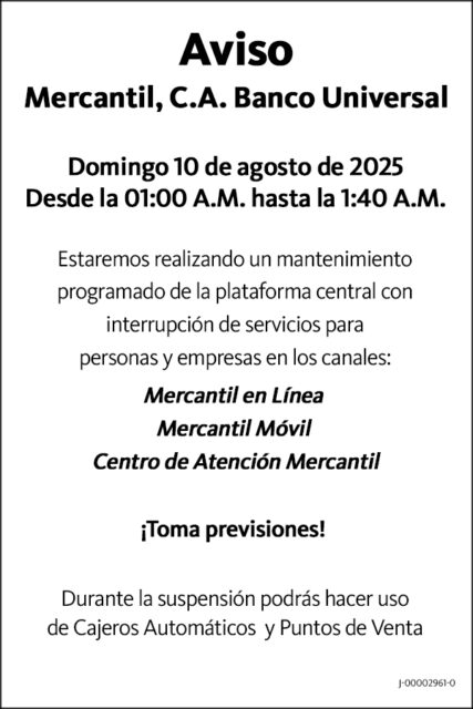 Comunicado Suspensión de Servicios Mercantil, C.A. Banco Universal