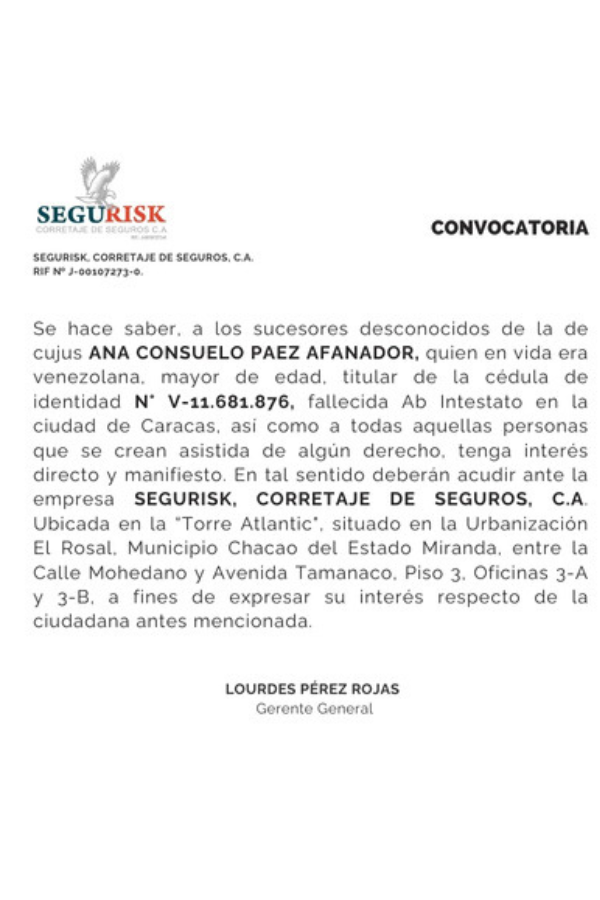 Convocatoria Segurisk, Corretaje de Seguros, C.A. - EL NACIONAL