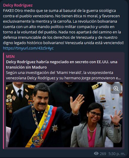 Delcy Rodríguez denies a Miami Herald report on the proposal to the US of a government without Maduro