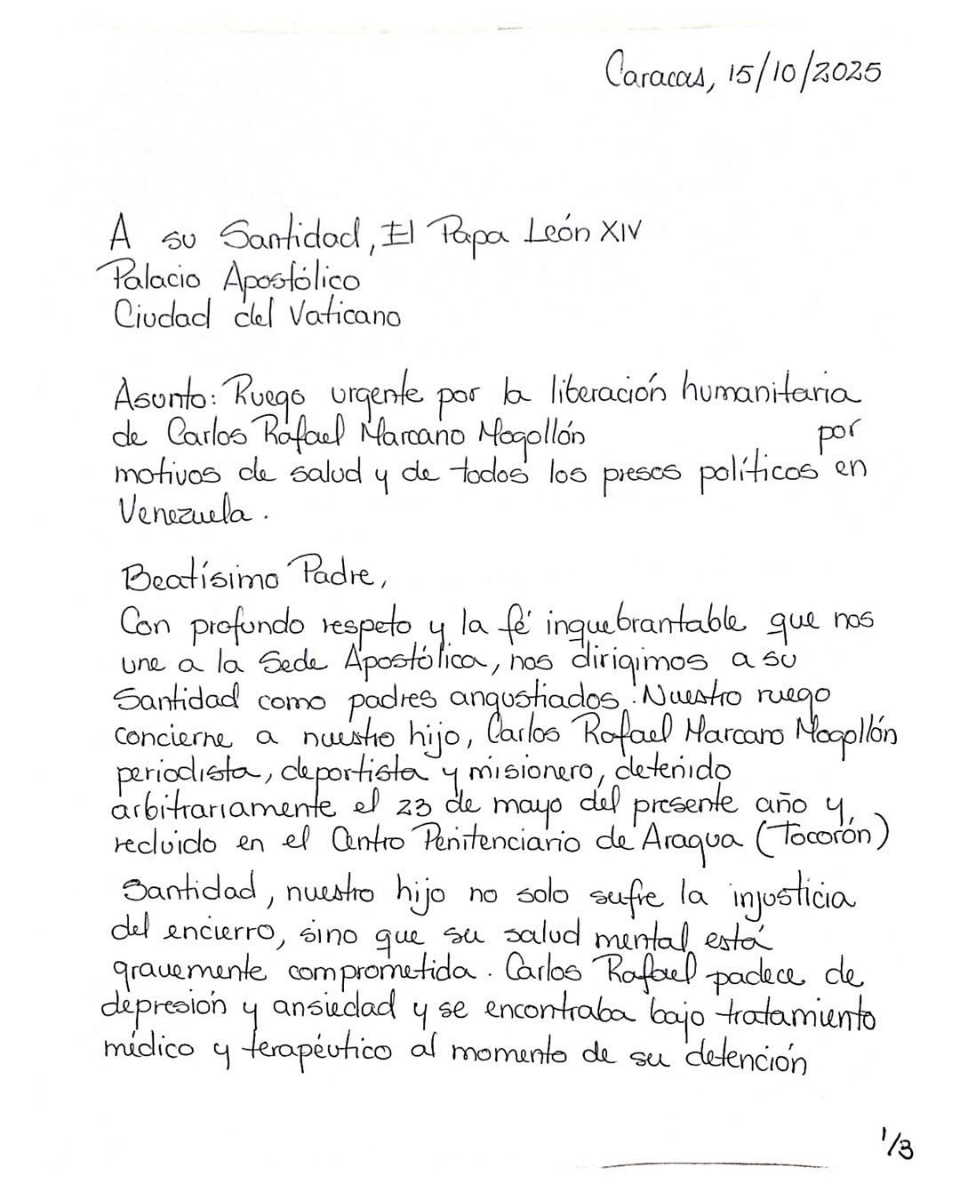 Parents of journalist Carlos Marcano ask the Pope to intercede for his release