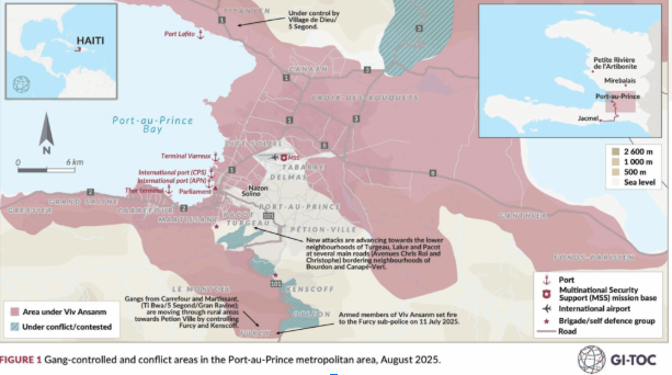 Un mapa de Puerto Príncipe que muestra el alcance del control de Viv Ansanm sobre la capital haitiana a partir de agosto de 2025. Fuente de la imagen: Global Initiative vía X
