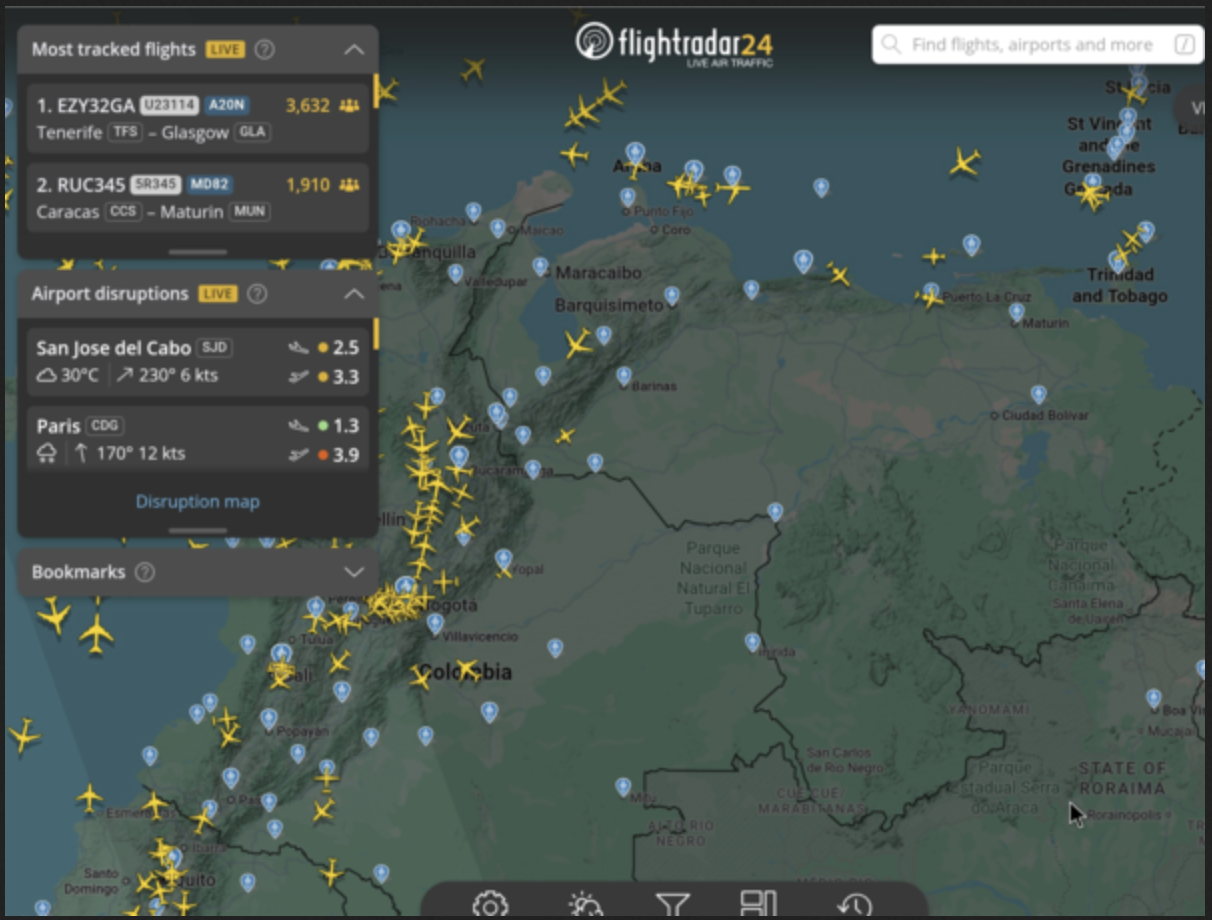 Así se ven los vuelos a Venezuela tras anuncio de EE UU Foto:flightradar24