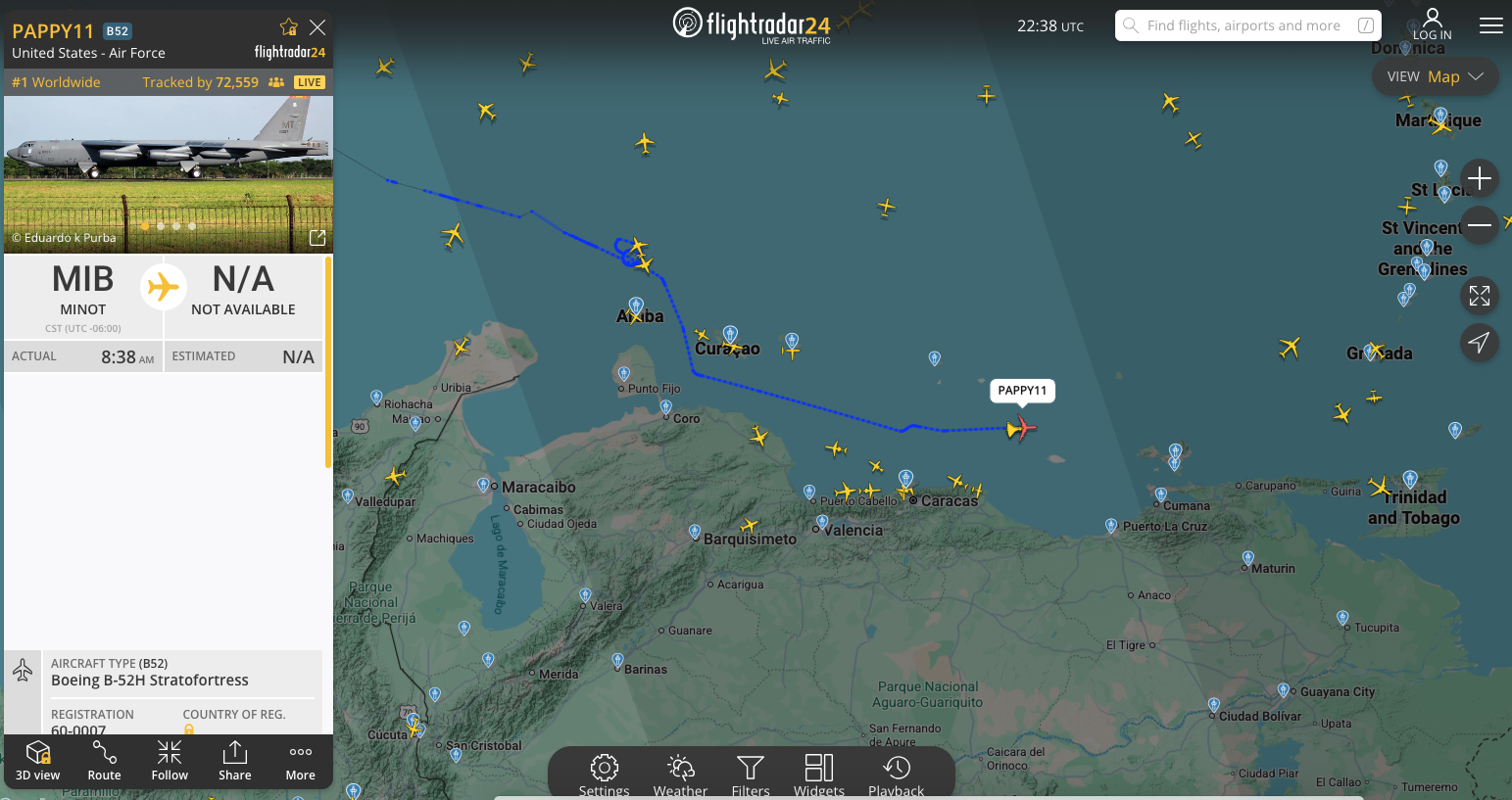 An American B-52 bomber flew off the coast of Venezuela, near Caracas An American B-52 bomber flew off the coast of Venezuela, near Caracas