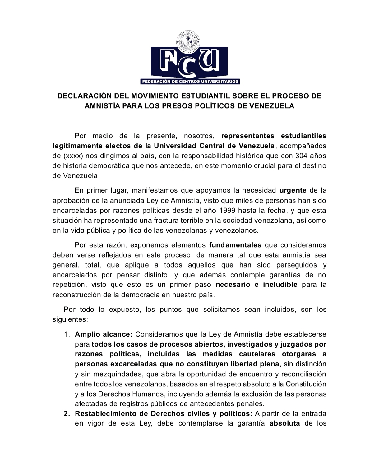 UCV raises its voice: what students demand about the amnesty law