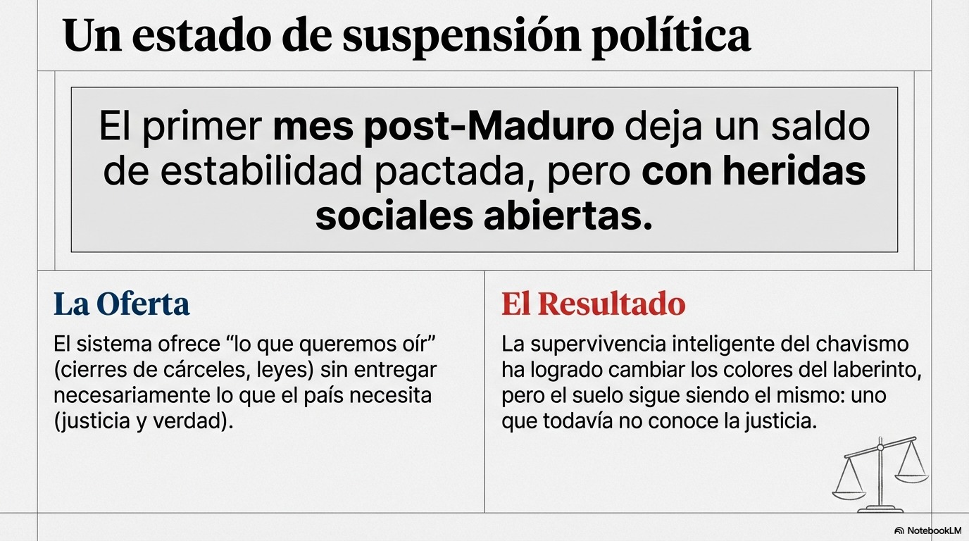 Un estado de suspensión política. El primer mes post-Maduro deja un saldo de estabilidad pactada, pero con heridas sociales abiertas