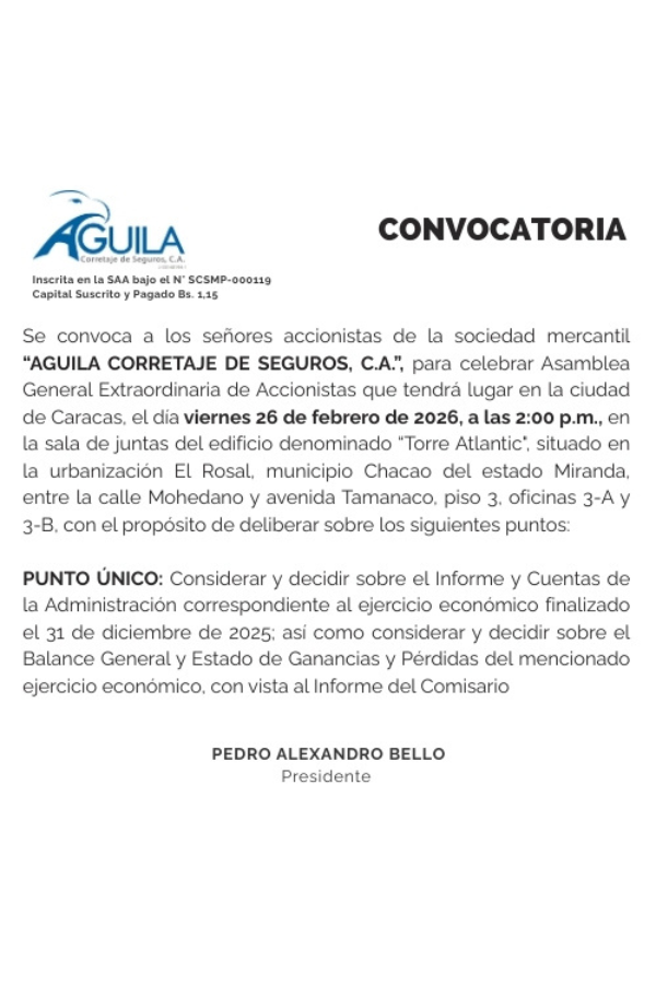 Convocatoria Asamblea General Extraordinaria Águila Corretaje de ...