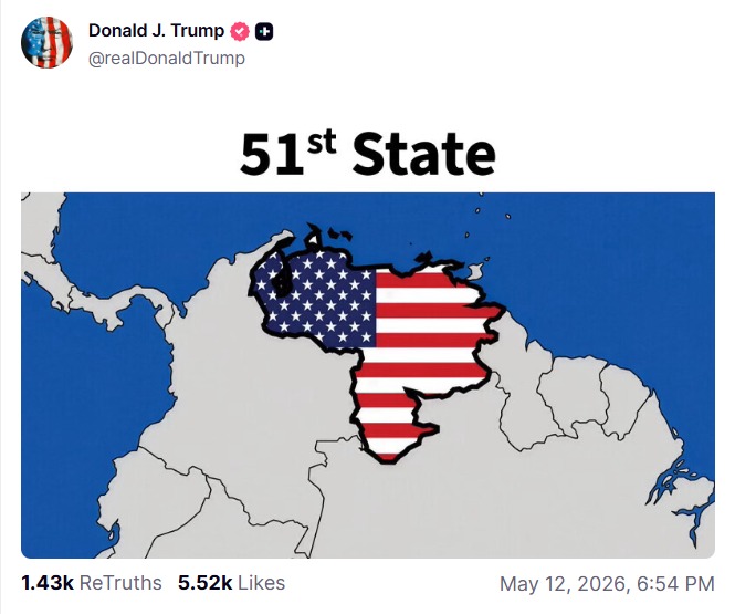 Trump publica imagen de Venezuela como el estado 51 de EE UU, deja por fuera el Esequibo