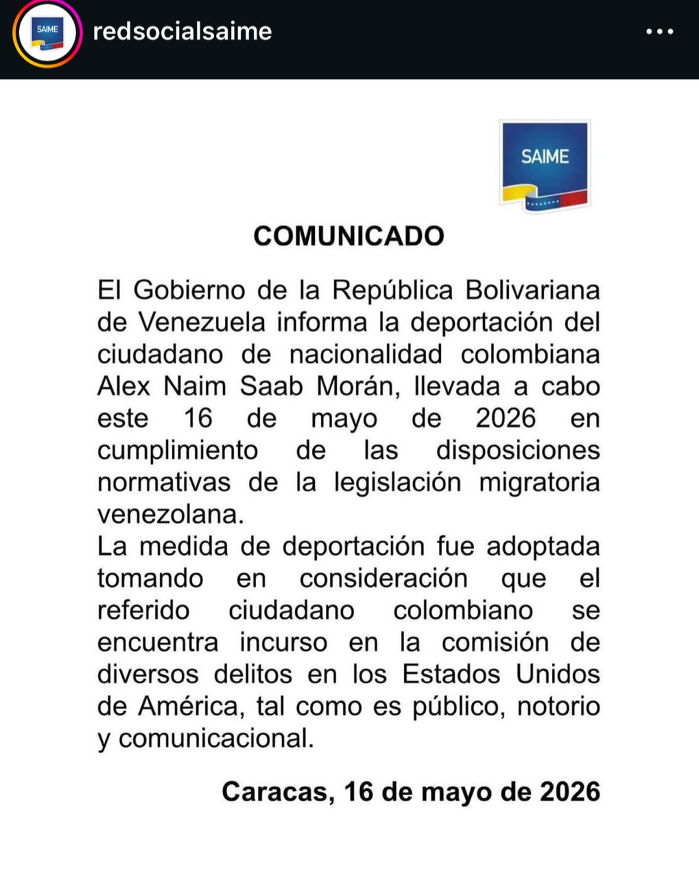 Comunicado del Saime sobre extradición de Alex Saab | Captura de pantalla