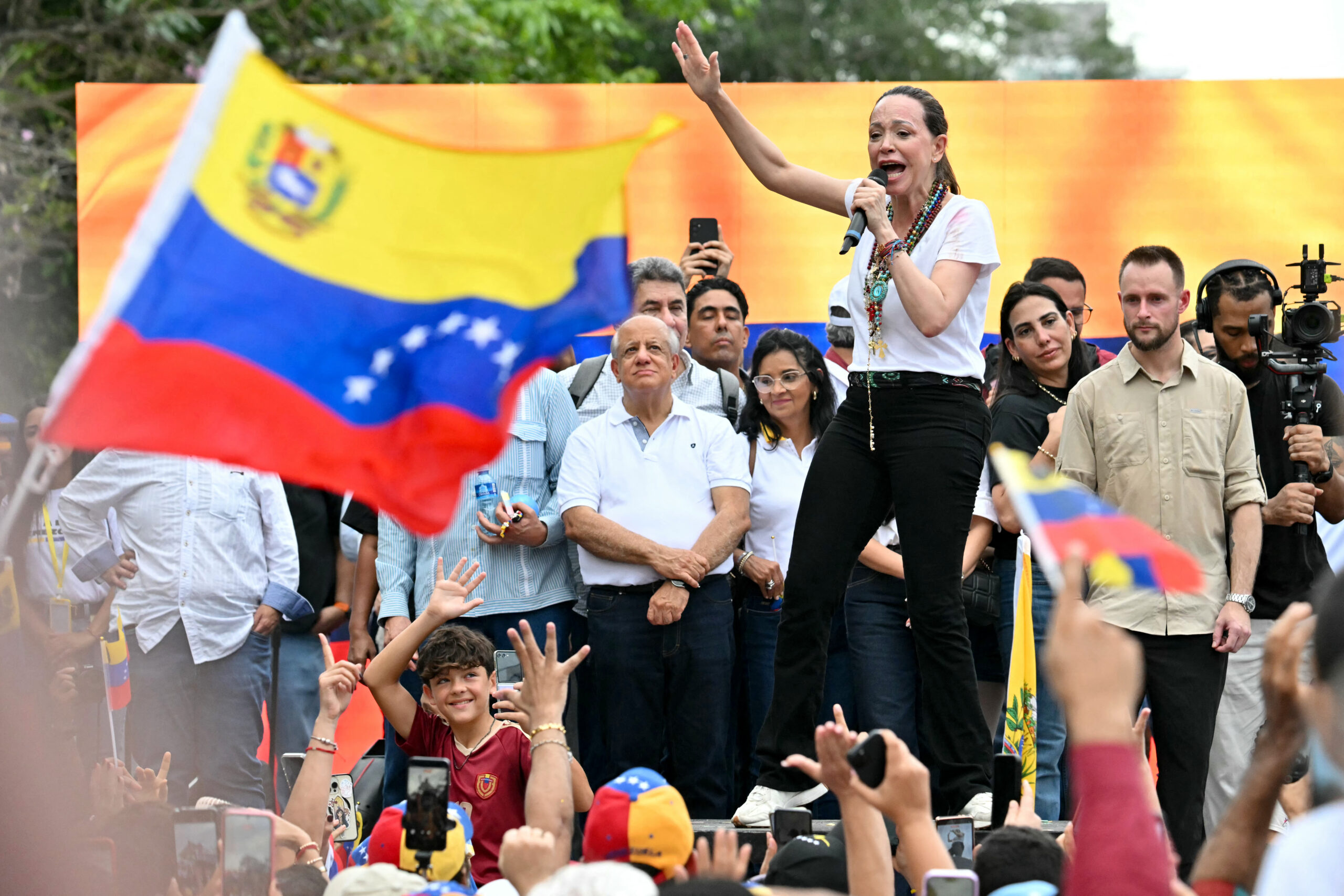 María Corina Machado, líder de la oposición y coordinadora nacional de Vente Venezuela, durante actividad con venezolanos en Panamá este 23 de mayo | AFP