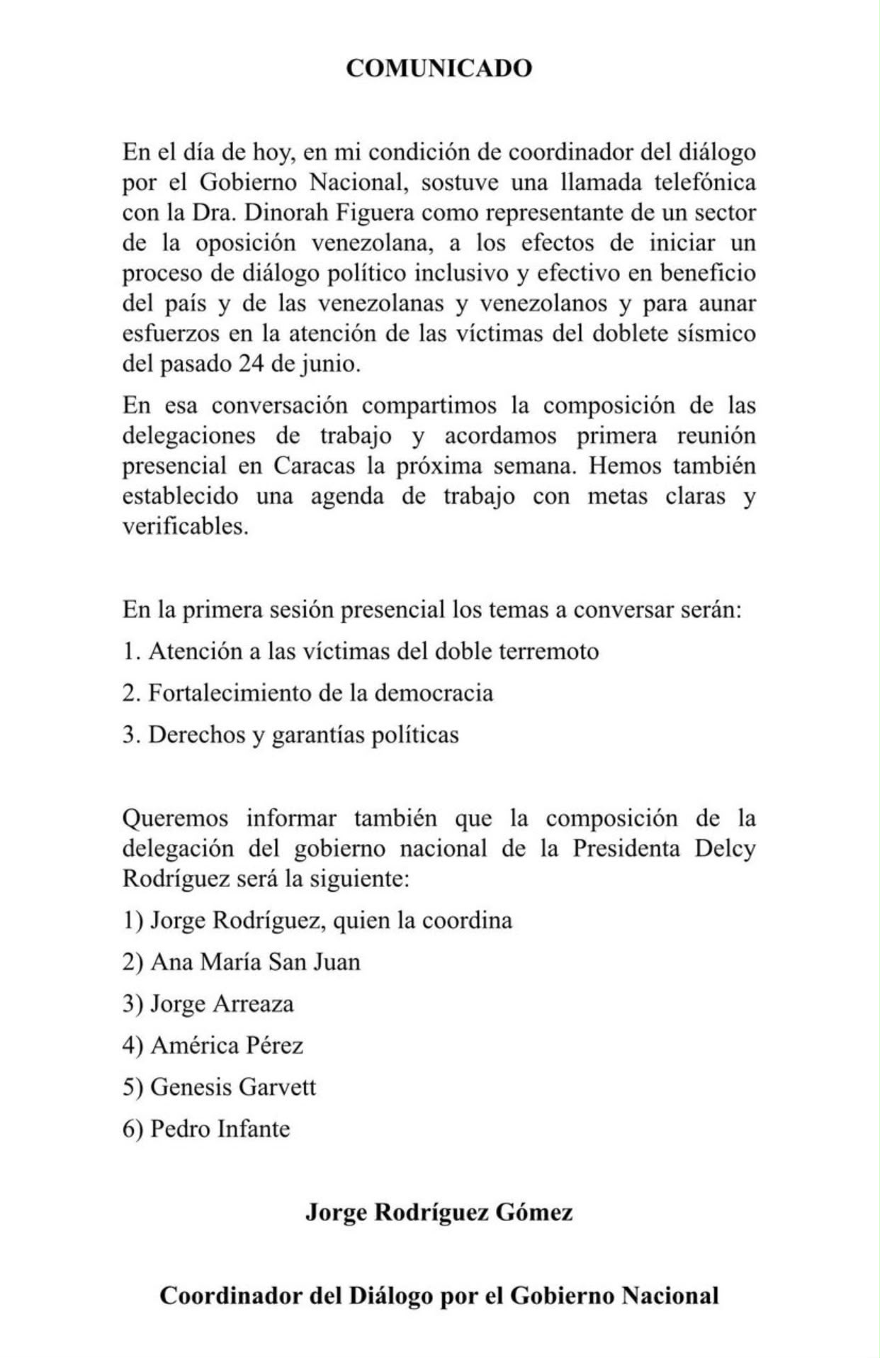 Comunicado Jorge Rodríguez