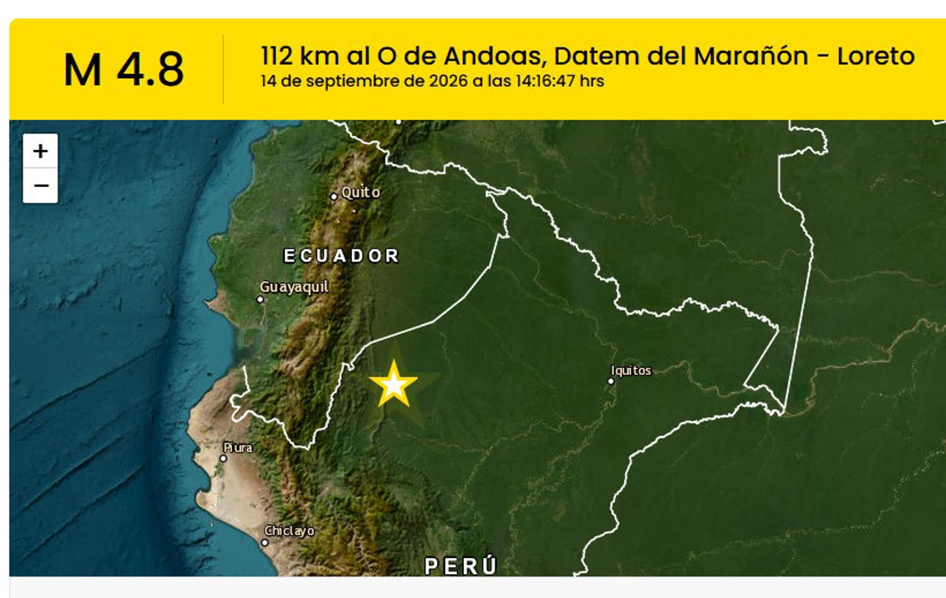 Sismo de magnitud 4,8 sacudió la frontera amazónica de Perú y Ecuador